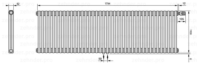 Схема (чертеж) Радиатор Zehnder Charleston 2110/39 №V008 Белый глянцевый RAL 9016